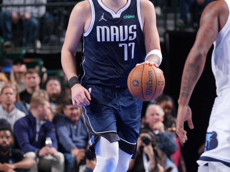 DALLAS, TX - DECEMBER 3: Luka Doncic #77 of the Dallas Mavericks dribbles the ball during the game against the Memphis Grizzlies` during a Emirates NBA Cup game on December 3, 2024 at American Airlines Center in Dallas, Texas. NOTE TO USER: User expressly acknowledges and agrees that, by downloading and or using this photograph, User is consenting to the terms and conditions of the Getty Images License Agreement. Mandatory Copyright Notice: Copyright 2024 NBAE (Photo by Glenn James/NBAE via Getty Images)