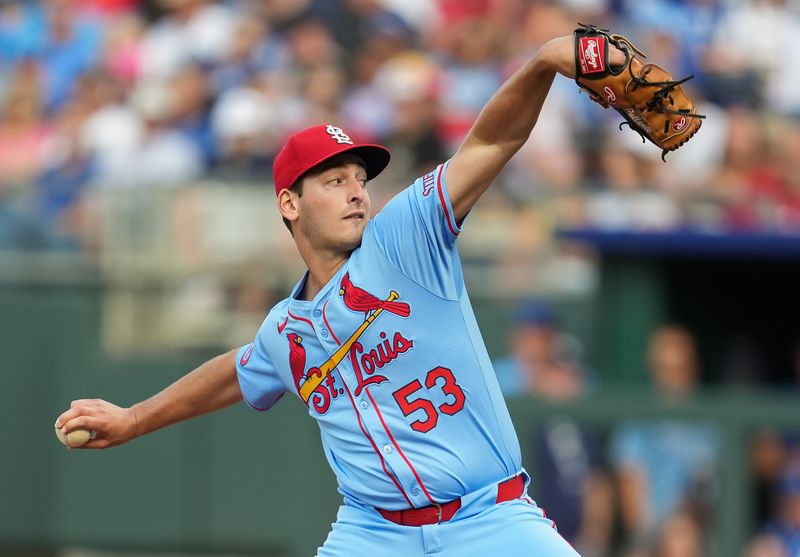 Aug 10, 2024; Kansas City, Missouri, USA; St. Louis Cardinals starting pitcher Andre Pallante (53) pitches during the second inning against the Kansas City Royals at Kauffman Stadium. Mandatory Credit: Jay Biggerstaff-USA TODAY Sports