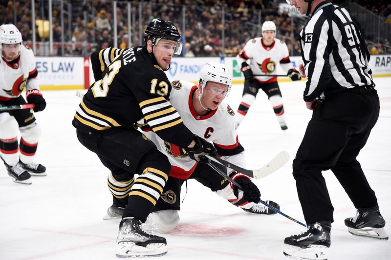 Mar 19, 2024; Boston, Massachusetts, USA;  Boston Bruins center Charlie Coyle (13) and Ottawa Senators left wing Brady Tkachuk (7) battle after a face off during the second period at TD Garden. Mandatory Credit: Bob DeChiara-USA TODAY Sports