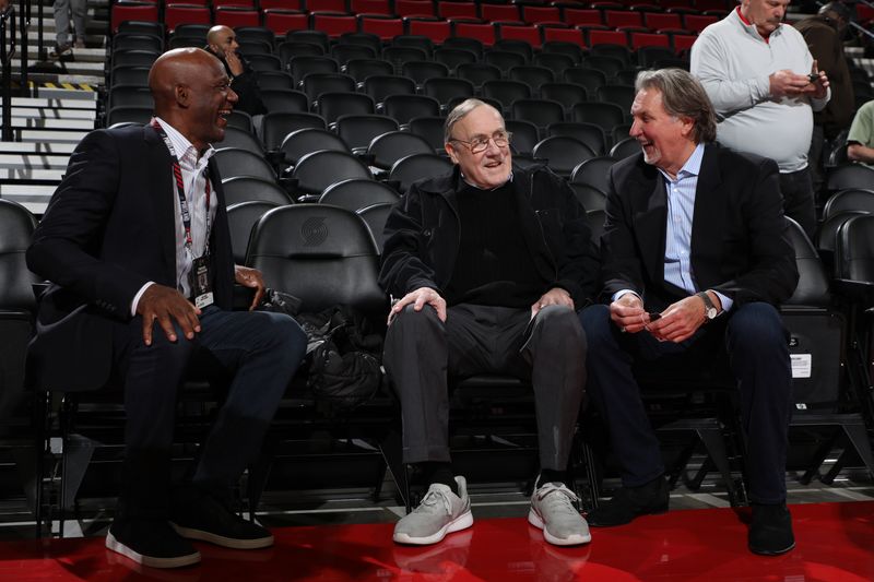 PORTLAND, OR - FEBRUARY 23: Terry Porter and Rick Aldeman talk before the game between the Portland Trail Blazers and the Denver Nuggets on February 23, 2024 at the Moda Center Arena in Portland, Oregon. NOTE TO USER: User expressly acknowledges and agrees that, by downloading and or using this photograph, user is consenting to the terms and conditions of the Getty Images License Agreement. Mandatory Copyright Notice: Copyright 2024 NBAE (Photo by Cameron Browne/NBAE via Getty Images)