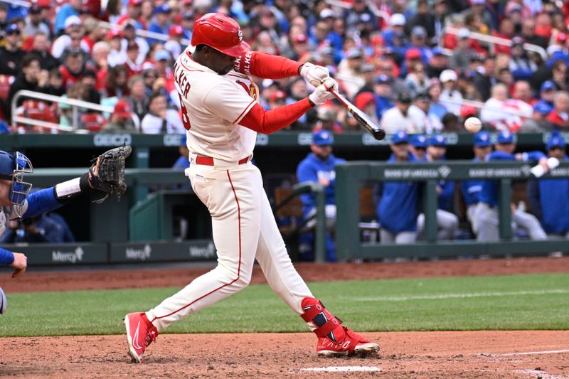 Apr 1, 2023; St. Louis, Missouri, USA; St. Louis Cardinals right fielder Jordan Walker (18) hits an RBI single against the Toronto Blue Jays in the eighth inning at Busch Stadium. Mandatory Credit: Joe Puetz-USA TODAY Sports