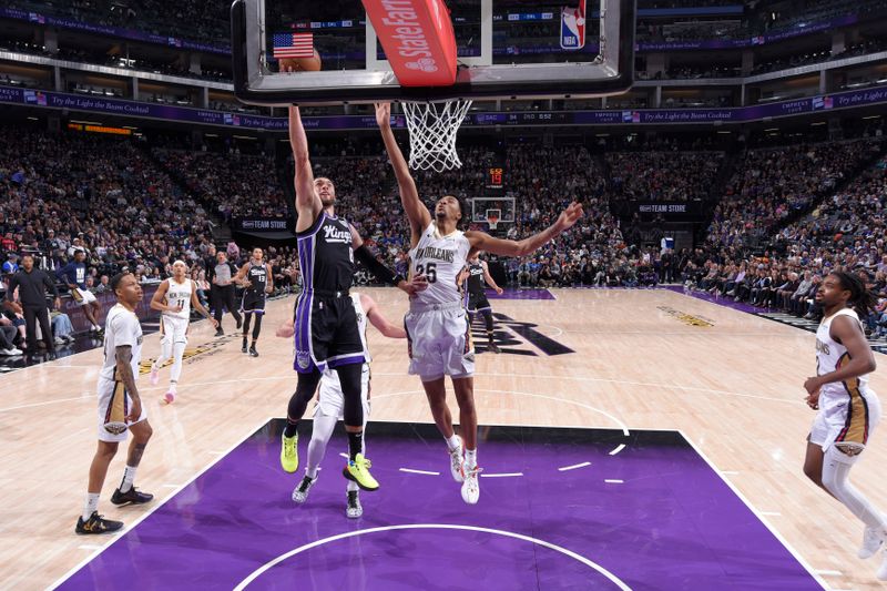 SACRAMENTO, CA - FEBRUARY 8: Zach LaVine #8 of the Sacramento Kings drives to the basket during the game against the New Orleans Pelicans on February 8, 2025 at Golden 1 Center in Sacramento, California. NOTE TO USER: User expressly acknowledges and agrees that, by downloading and or using this Photograph, user is consenting to the terms and conditions of the Getty Images License Agreement. Mandatory Copyright Notice: Copyright 2025 NBAE (Photo by Rocky Widner/NBAE via Getty Images)