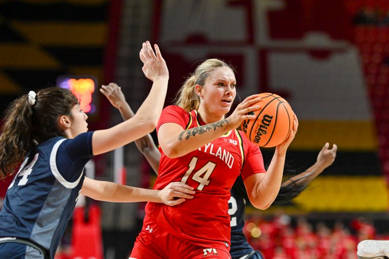 Feb 18, 2024; College Park, Maryland, USA;  Maryland Terrapins forward Allie Kubek (14) passes as Penn State Nittany Lions forward Kylie Lavelle (14) defends during the second  half at Xfinity Center. Mandatory Credit: Tommy Gilligan-USA TODAY Sports