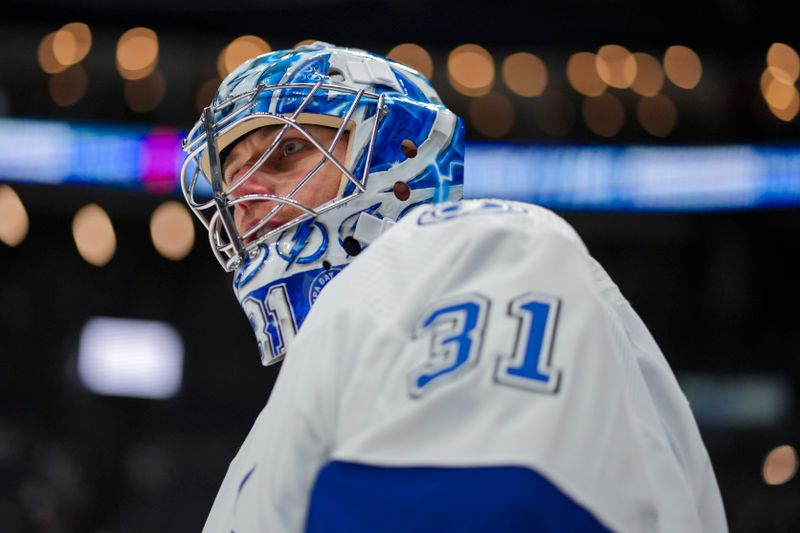 Nov 2, 2023; Columbus, Ohio, USA;  Tampa Bay Lightning goaltender Jonas Johansson (31) skates during warmups before a game against the Columbus Blue Jackets at Nationwide Arena. Mandatory Credit: Aaron Doster-USA TODAY Sports