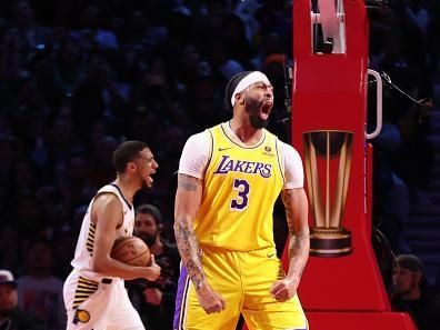 LAS VEGAS, NV - DECEMBER 9: Anthony Davis #3 of the Los Angeles Lakers celebrates during the game against the Indiana Pacers during the In-Season Tournament Championship game on December 9, 2023 at T-Mobile Arena in Las Vegas, Nevada. NOTE TO USER: User expressly acknowledges and agrees that, by downloading and or using this photograph, User is consenting to the terms and conditions of the Getty Images License Agreement. Mandatory Copyright Notice: Copyright 2023 NBAE (Photo by Jeff Haynes/NBAE via Getty Images)