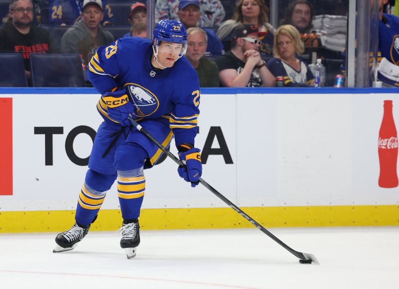 Sep 21, 2024; Buffalo, New York, USA;  Buffalo Sabres left wing Beck Malenstyn (29) looks to make a pass during the second period against the Pittsburgh Penguins at KeyBank Center. Mandatory Credit: Timothy T. Ludwig-Imagn Images