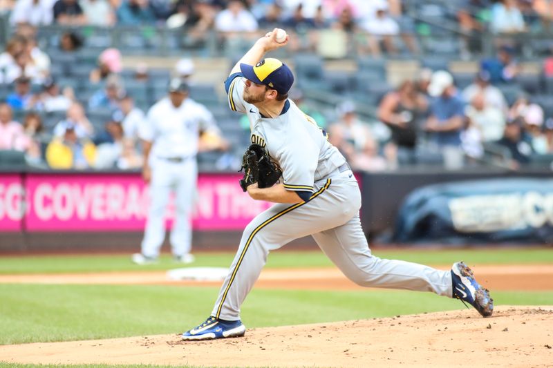 Sep 10, 2023; Bronx, New York, USA;  Milwaukee Brewers starting pitcher Corbin Burnes (39) pitches in the first inning against the New York Yankees at Yankee Stadium. Mandatory Credit: Wendell Cruz-USA TODAY Sports