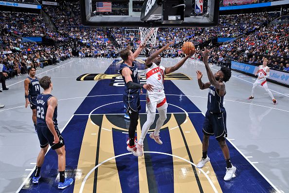 ORLANDO, FL - NOVEMBER 21: Precious Achiuwa #5 of the Toronto Raptors shoots the ball during the game against the Orlando Magic during the In-Season Tournament on November 21, 2023 at Amway Center in Orlando, Florida. NOTE TO USER: User expressly acknowledges and agrees that, by downloading and or using this photograph, User is consenting to the terms and conditions of the Getty Images License Agreement. Mandatory Copyright Notice: Copyright 2023 NBAE (Photo by Fernando Medina/NBAE via Getty Images)