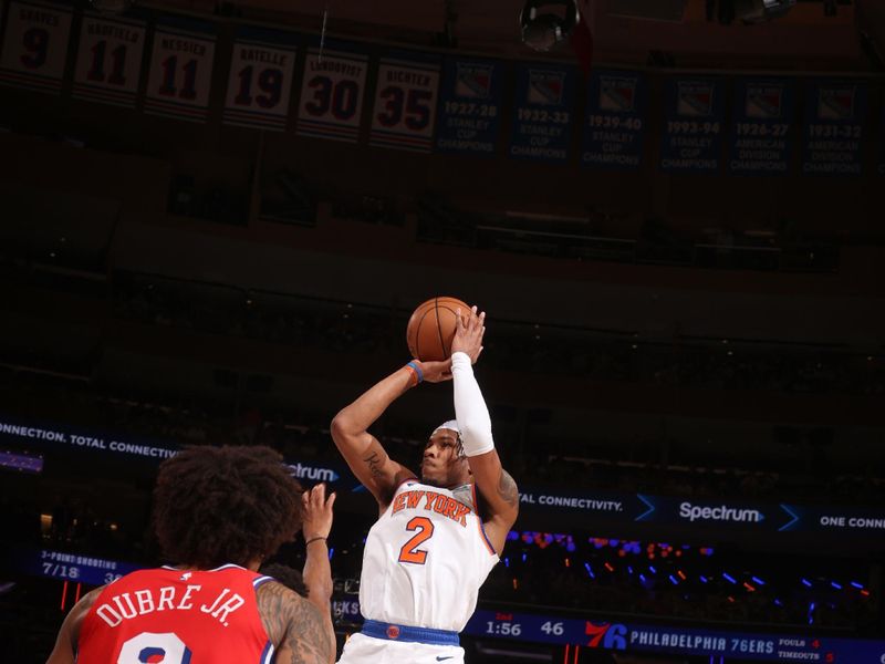 NEW YORK, NY - APRIL 20:  Miles McBride #2 of the New York Knicks shoots the ball during the game against the Philadelphia 76ers during Round 1 Game 1 of the 2024 NBA Playoffs on April 20, 2024 at Madison Square Garden in New York City, New York.  NOTE TO USER: User expressly acknowledges and agrees that, by downloading and or using this photograph, User is consenting to the terms and conditions of the Getty Images License Agreement. Mandatory Copyright Notice: Copyright 2024 NBAE  (Photo by Nathaniel S. Butler/NBAE via Getty Images)