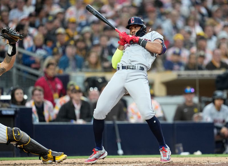 Jun 14, 2023; San Diego, California, USA;  Cleveland Guardians shortstop Amed Rosario (1) reacts to an inside pitch during the third inning against the San Diego Padres at Petco Park. Mandatory Credit: Ray Acevedo-USA TODAY Sports