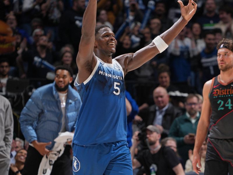 MINNEAPOLIS, MN -  APRIL 9: Anthony Edwards #5 of the Minnesota Timberwolves celebrates during the game against the Washington Wizards on April 9, 2024 at Target Center in Minneapolis, Minnesota. NOTE TO USER: User expressly acknowledges and agrees that, by downloading and or using this Photograph, user is consenting to the terms and conditions of the Getty Images License Agreement. Mandatory Copyright Notice: Copyright 2024 NBAE (Photo by Jordan Johnson/NBAE via Getty Images)