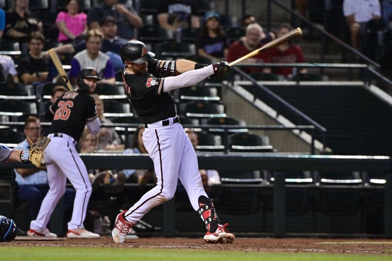 May 8, 2023; Phoenix, Arizona, USA;  Arizona Diamondbacks third baseman Evan Longoria (3) singles in the sixth inning against the Miami Marlins at Chase Field. Mandatory Credit: Matt Kartozian-USA TODAY Sports