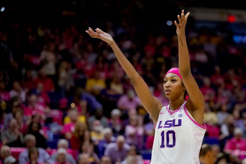 Feb 11, 2024; Baton Rouge, Louisiana, USA; LSU Lady Tigers forward Angel Reese (10) reacts during the second half against the Alabama Crimson Tide at Pete Maravich Assembly Center. Mandatory Credit: Matthew Hinton-USA TODAY Sports