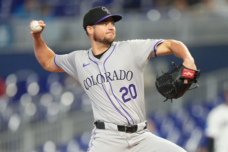 May 2, 2024; Miami, Florida, USA;  Colorado Rockies stating pitcher Peter Lambert (20) pitches in the first inning against the Miami Marlins at loanDepot Park. Mandatory Credit: Jim Rassol-USA TODAY Sports