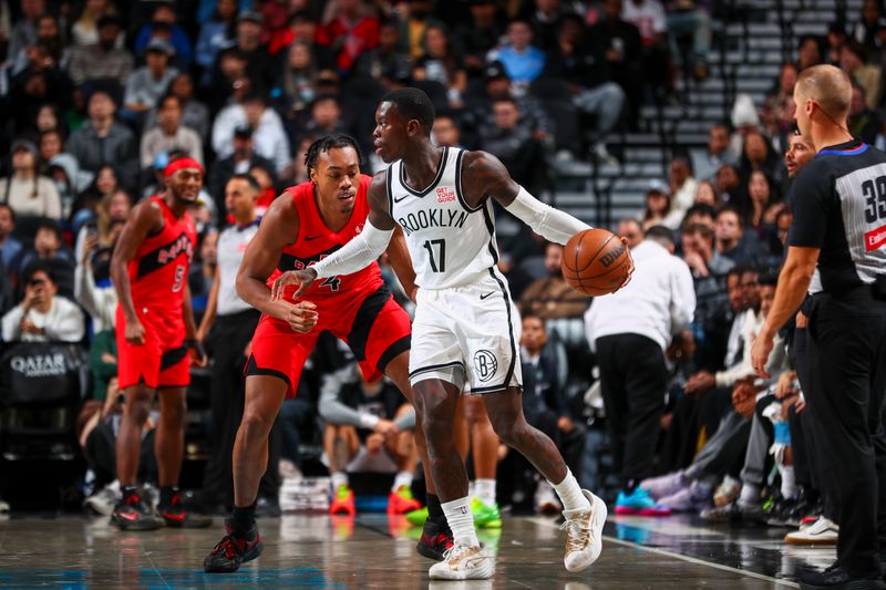 BROOKLYN, NY - OCTOBER 18: Dennis Schroder #17 of the Brooklyn Nets dribbles the ball during the game on October 18, 2024 at Barclays Center in Brooklyn, New York. NOTE TO USER: User expressly acknowledges and agrees that, by downloading and or using this Photograph, user is consenting to the terms and conditions of the Getty Images License Agreement. Mandatory Copyright Notice: Copyright 2024 NBAE (Photo by David L. Nemec/NBAE via Getty Images)