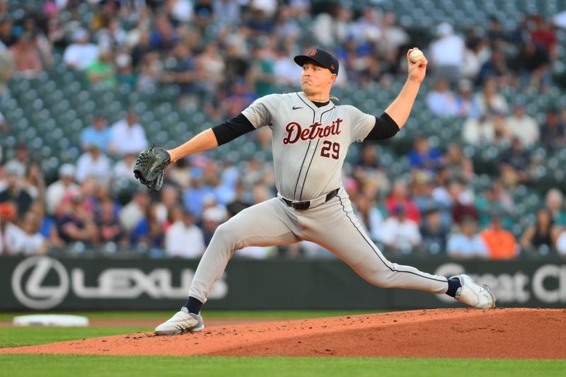 Aug 7, 2024; Seattle, Washington, USA; Detroit Tigers starting pitcher Tarik Skubal (29) pitches to the Seattle Mariners during the first inning at T-Mobile Park. Mandatory Credit: Steven Bisig-USA TODAY Sports