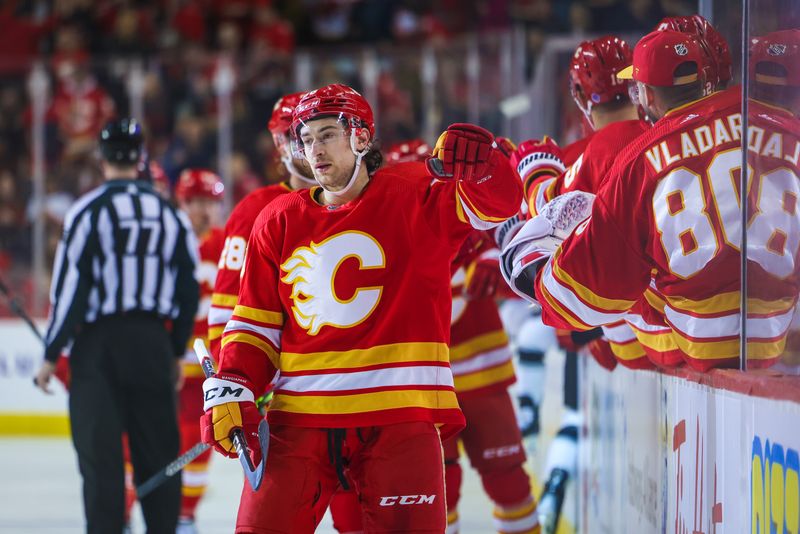 Mar 28, 2023; Calgary, Alberta, CAN; Calgary Flames left wing Andrew Mangiapane (88) celebrates his goal with teammates against the Los Angeles Kings during the first period at Scotiabank Saddledome. Mandatory Credit: Sergei Belski-USA TODAY Sports