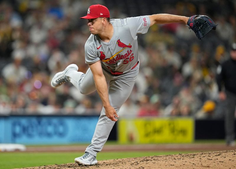 Apr 2, 2024; San Diego, California, USA;  St. Louis Cardinals relief pitcher Ryan Helsley (56) throws a pitch against the San Diego Padres during the ninth inning at Petco Park. Mandatory Credit: Ray Acevedo-USA TODAY Sports