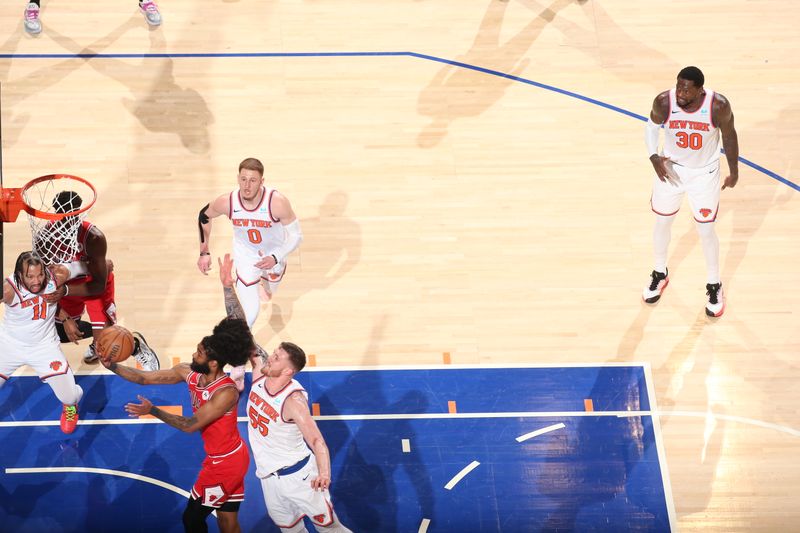 NEW YORK, NY - JANUARY 3: Coby White #0 of the Chicago Bulls drives to the basket during the game against the New York Knicks on January 3, 2024 at Madison Square Garden in New York City, New York.  NOTE TO USER: User expressly acknowledges and agrees that, by downloading and or using this photograph, User is consenting to the terms and conditions of the Getty Images License Agreement. Mandatory Copyright Notice: Copyright 2024 NBAE  (Photo by Nathaniel S. Butler/NBAE via Getty Images)