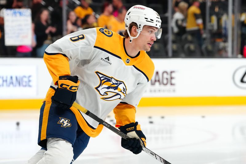 Apr 12, 2025; Las Vegas, Nevada, USA; Nashville Predators defenseman Andreas Englund (8) warms up before a game against the Vegas Golden Knights at T-Mobile Arena. Mandatory Credit: Stephen R. Sylvanie-Imagn Images
