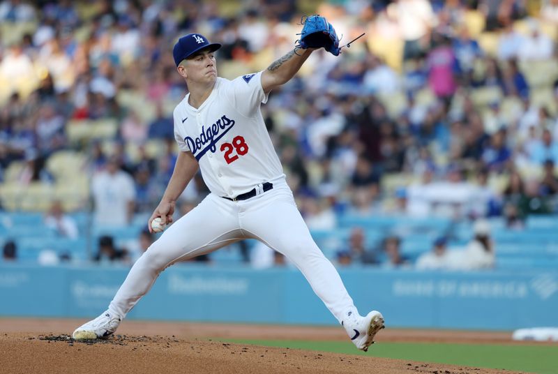 Jul 2, 2024; Los Angeles, California, USA;  Los Angeles Dodgers starting pitcher Bobby Miller (28) pitches during the first inning against the Arizona Diamondbacks at Dodger Stadium. Mandatory Credit: Kiyoshi Mio-USA TODAY Sports