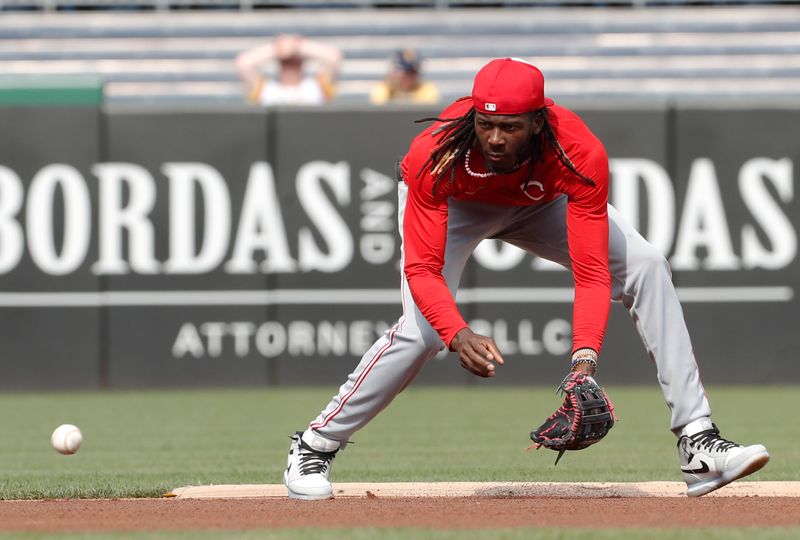 Jun 17, 2024; Pittsburgh, Pennsylvania, USA;  Cincinnati Reds shortstop Elly De La Cruz (44) fields ground balls  before the game against the Pittsburgh Pirates at PNC Park. Mandatory Credit: Charles LeClaire-USA TODAY Sports