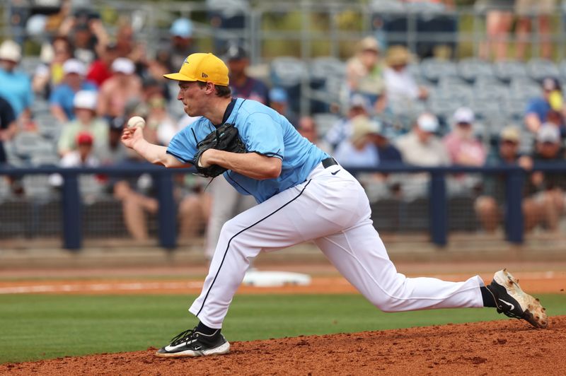 Mar 18, 2024; Port Charlotte, Florida, USA;  Tampa Bay Rays relief pitcher Kevin Kelly (49) throws a pitch during the fifth inning against the Atlanta Braves at Charlotte Sports Park. Mandatory Credit: Kim Klement Neitzel-USA TODAY Sports