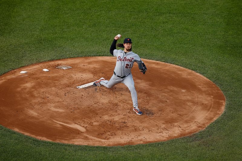 Jun 30, 2023; Denver, Colorado, USA; Detroit Tigers starting pitcher Michael Lorenzen (21) pitches in the first inning against the Colorado Rockies at Coors Field. Mandatory Credit: Isaiah J. Downing-USA TODAY Sports