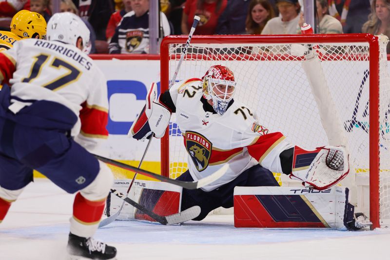 Mar 21, 2024; Sunrise, Florida, USA; Florida Panthers goaltender Sergei Bobrovsky (72) defends his net against the Nashville Predators during the first period at Amerant Bank Arena. Mandatory Credit: Sam Navarro-USA TODAY Sports