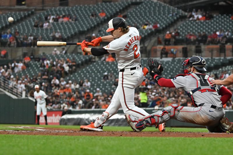 May 29, 2024; Baltimore, Maryland, USA;  Baltimore Orioles shortstop Gunnar Henderson (2) hits a second inning grand slam off Boston Red Sox starting pitcher Kutter Crawford (50) at Oriole Park at Camden Yards. Mandatory Credit: Tommy Gilligan-USA TODAY Sports