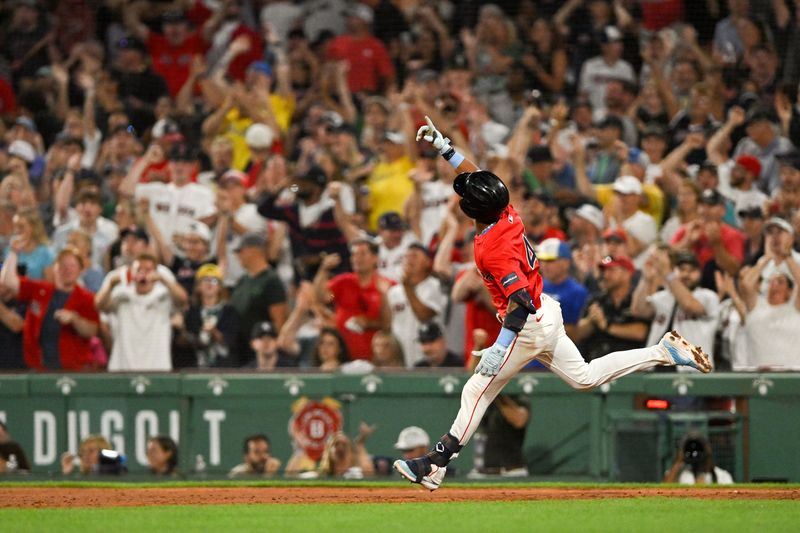 Jul 26, 2024; Boston, Massachusetts, USA; Boston Red Sox outfielder Ceddanne Rafaela (43) runs the bases after hitting a two-run home run against the New York Yankees during the seventh inning at Fenway Park. Mandatory Credit: Brian Fluharty-USA TODAY Sports