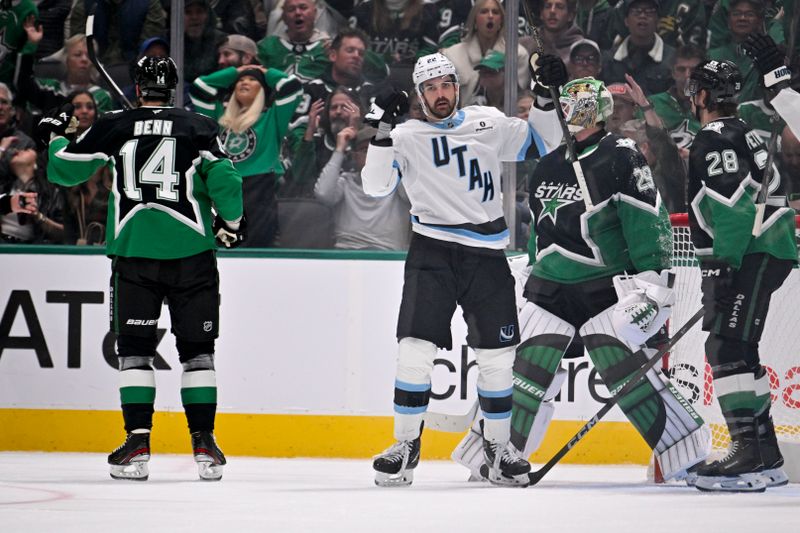 Nov 28, 2025; Dallas, Texas, USA; Utah Mammoth center Jack McBain (22) celebrates after scoring a goal against Dallas Stars goaltender Jake Oettinger (29) during the second period at the American Airlines Center. Mandatory Credit: Jerome Miron-Imagn Images