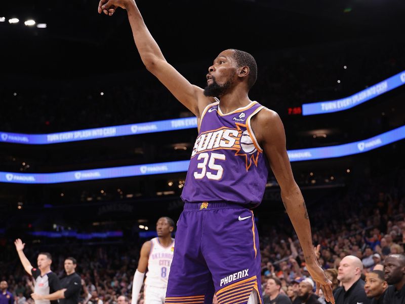 PHOENIX, ARIZONA - MARCH 03: Kevin Durant #35 of the Phoenix Suns attempts a three-point shot against the Oklahoma City Thunder during the first half of the NBA game at Footprint Center on March 03, 2024 in Phoenix, Arizona. NOTE TO USER: User expressly acknowledges and agrees that, by downloading and or using this photograph, User is consenting to the terms and conditions of the Getty Images License Agreement. (Photo by Christian Petersen/Getty Images)