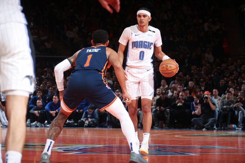 NEW YORK, NY - DECEMBER 3: Anthony Black #0 of the Orlando Magic dribbles the ball during the game against the New York Knicks during the Emirates NBA Cup on December 3, 2024 at Madison Square Garden in New York City, New York.  NOTE TO USER: User expressly acknowledges and agrees that, by downloading and or using this photograph, User is consenting to the terms and conditions of the Getty Images License Agreement. Mandatory Copyright Notice: Copyright 2024 NBAE  (Photo by Nathaniel S. Butler/NBAE via Getty Images)