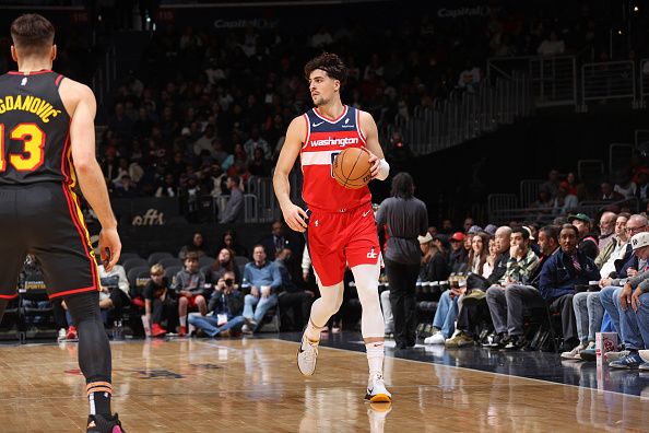 WASHINGTON, DC -? DECEMBER 31: Deni Avdija #8 of the Washington Wizards dribbles the ball during the game against the Atlanta Hawks on December 31, 2023 at Capital One Arena in Washington, DC. NOTE TO USER: User expressly acknowledges and agrees that, by downloading and or using this Photograph, user is consenting to the terms and conditions of the Getty Images License Agreement. Mandatory Copyright Notice: Copyright 2023 NBAE (Photo by Stephen Gosling/NBAE via Getty Images)