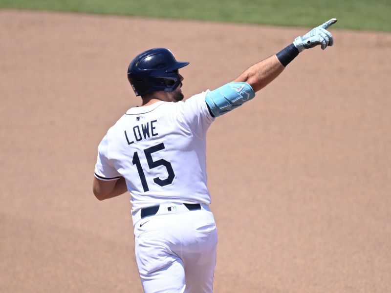May 21, 2025; St. Petersburg, Florida, USA; Tampa Bay Rays right fielder Josh Lowe (15) reacts after hitting a solo home run on the fifth  inning against the Houston Astros at George M. Steinbrenner Field. Mandatory Credit: Jonathan Dyer-Imagn Images