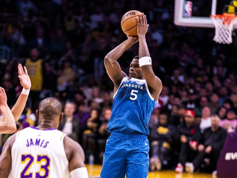 LOS ANGELES, CA - MARCH 10: Anthony Edwards #5 of the Minnesota Timberwolves shoots the ball during the game against the Los Angeles Lakers on March 10, 2024 at Crypto.Com Arena in Los Angeles, California. NOTE TO USER: User expressly acknowledges and agrees that, by downloading and/or using this Photograph, user is consenting to the terms and conditions of the Getty Images License Agreement. Mandatory Copyright Notice: Copyright 2024 NBAE (Photo by Tyler Ross/NBAE via Getty Images)