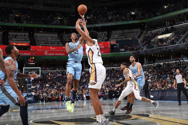 MEMPHIS, TN - NOVEMBER 29: Ja Morant #12 of the Memphis Grizzlies drives to the basket during the game against the New Orleans Pelicans during the Emirates NBA Cup game on November 29, 2024 at FedExForum in Memphis, Tennessee. NOTE TO USER: User expressly acknowledges and agrees that, by downloading and or using this photograph, User is consenting to the terms and conditions of the Getty Images License Agreement. Mandatory Copyright Notice: Copyright 2024 NBAE (Photo by Joe Murphy/NBAE via Getty Images)