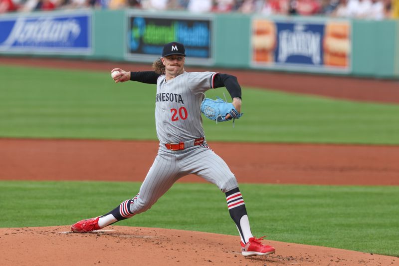 May 4, 2025; Boston, Massachusetts, USA; Minnesota Twins starting pitcher Chris Paddack (20) delivers a pitch during the first inning against the Boston Red Sox at Fenway Park. Mandatory Credit: Paul Rutherford-Imagn Images
