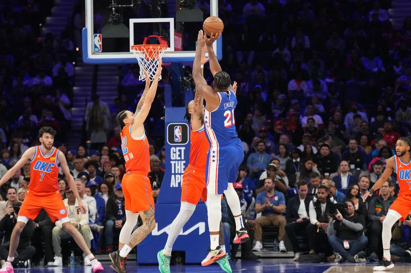 PHILADELPHIA, PA - APRIL 2: Joel Embiid #21 of the Philadelphia 76ers shoots the ball during the game against the Oklahoma City Thunder on April 2, 2024 at the Wells Fargo Center in Philadelphia, Pennsylvania NOTE TO USER: User expressly acknowledges and agrees that, by downloading and/or using this Photograph, user is consenting to the terms and conditions of the Getty Images License Agreement. Mandatory Copyright Notice: Copyright 2024 NBAE (Photo by Jesse D. Garrabrant/NBAE via Getty Images)