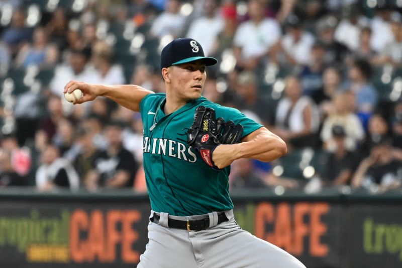 Aug 22, 2023; Chicago, Illinois, USA; Seattle Mariners starting pitcher Bryan Woo (33) delivers against the Chicago White Sox during the first inning at Guaranteed Rate Field. Mandatory Credit: Matt Marton-USA TODAY Sports