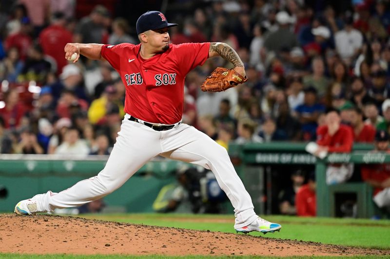 Sep 14, 2023; Boston, Massachusetts, USA; Boston Red Sox relief pitcher Mauricio Llovera (68) pitches against the New York Yankees during the eighth inning at Fenway Park. Mandatory Credit: Eric Canha-USA TODAY Sports