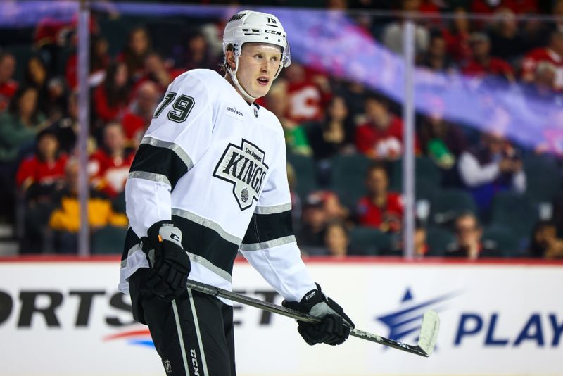 Nov 11, 2024; Calgary, Alberta, CAN; Los Angeles Kings center Samuel Helenius (79) skates during the third period against the Calgary Flames at Scotiabank Saddledome. Mandatory Credit: Sergei Belski-Imagn Images