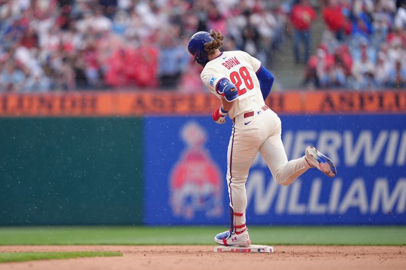 May 31, 2025; Philadelphia, Pennsylvania, USA; Philadelphia Phillies infielder Alec Bohm (28) rounds the bases after hitting a home run against the Milwaukee Brewers in the fourth inning at Citizens Bank Park. Mandatory Credit: Kyle Ross-Imagn Images
