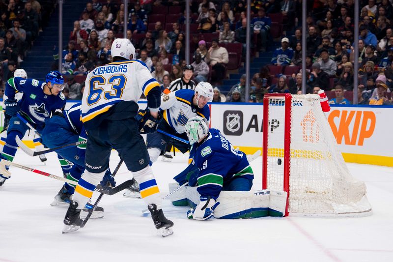 Jan 24, 2024; Vancouver, British Columbia, CAN; St. Louis Blues forward Jake Neighbours (63) watches as forward Pavel Buchnevich (89) scores on Vancouver Canucks goalie Casey DeSmith (29) in the first period at Rogers Arena. Mandatory Credit: Bob Frid-USA TODAY Sports