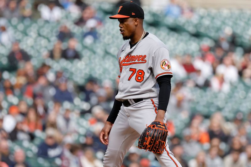 Apr 30, 2023; Detroit, Michigan, USA;  Baltimore Orioles relief pitcher Yennier Cano (78) celebrates in the eighth inning against the Detroit Tigers at Comerica Park. Mandatory Credit: Rick Osentoski-USA TODAY Sports