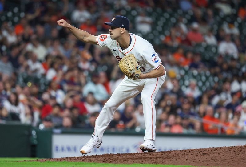 May 2, 2024; Houston, Texas, USA; Houston Astros relief pitcher Tayler Scott (50) delivers a pitch during the sixth inning against the Cleveland Guardians at Minute Maid Park. Mandatory Credit: Troy Taormina-USA TODAY Sports