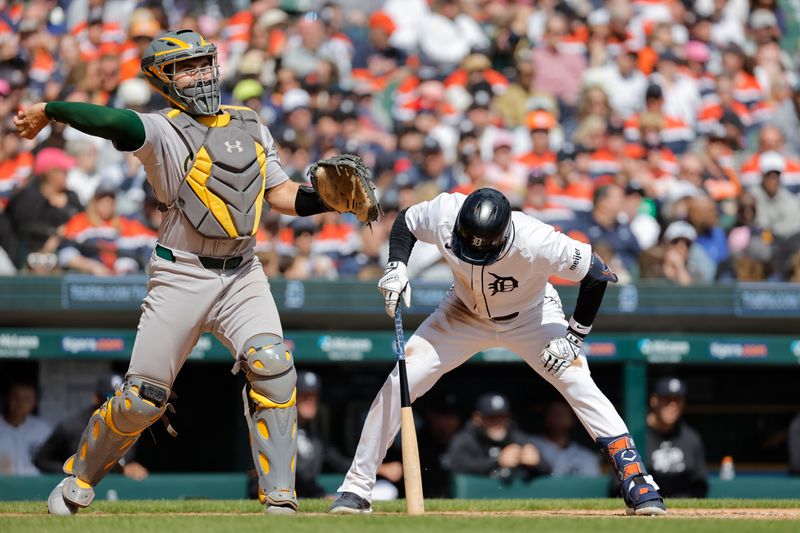 Apr 6, 2024; Detroit, Michigan, USA;  Detroit Tigers designated hitter Mark Canha (21) reacts after striking out against the Oakland Athletics in the seventh inning at Comerica Park. Mandatory Credit: Rick Osentoski-USA TODAY Sports