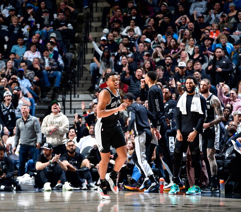 SAN ANTONIO, TX - JANUARY 4:  Keldon Johnson #3 of the San Antonio Spurs looks on during the game against the Milwaukee Bucks on January 4, 2024 at the Frost Bank Center in San Antonio, Texas. NOTE TO USER: User expressly acknowledges and agrees that, by downloading and or using this photograph, User is consenting to the terms and conditions of the Getty Images License Agreement. Mandatory Copyright Notice: Copyright 2024 NBAE (Photo by Logan Riely/NBAE via Getty Images)