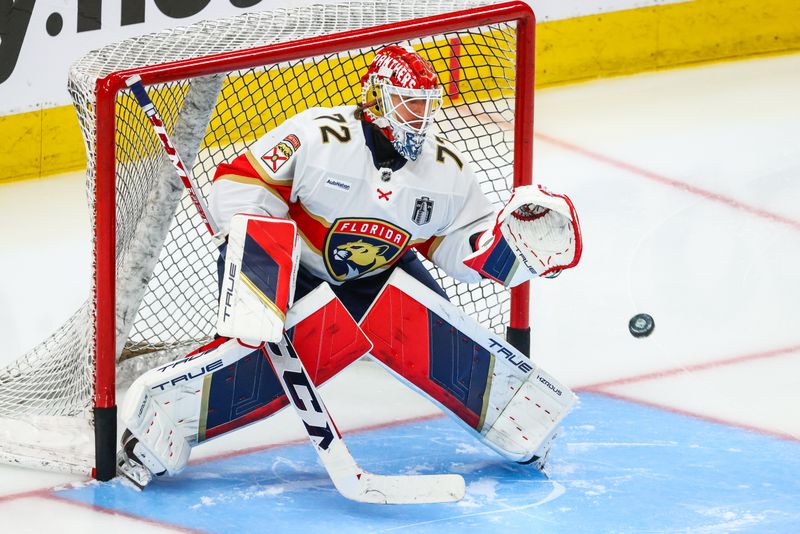 Jun 15, 2024; Edmonton, Alberta, CAN; Florida Panthers goaltender Sergei Bobrovsky (72) guards his net during the warmup period against the Edmonton Oilers in game four of the 2024 Stanley Cup Final at Rogers Place. Mandatory Credit: Sergei Belski-USA TODAY Sports